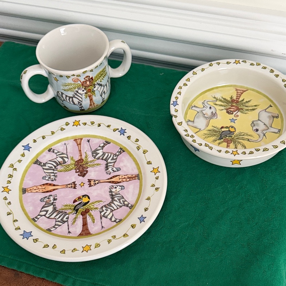 Children’s Animal Safari Ceramic Plate, bowl and mug - Pink and White